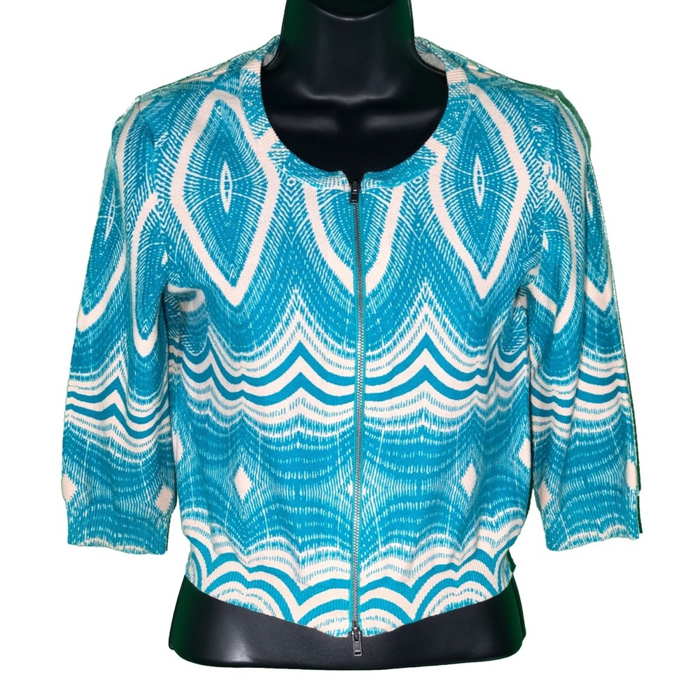 Tracy Reese Front Zip Blue Print Cotton Cardigan M